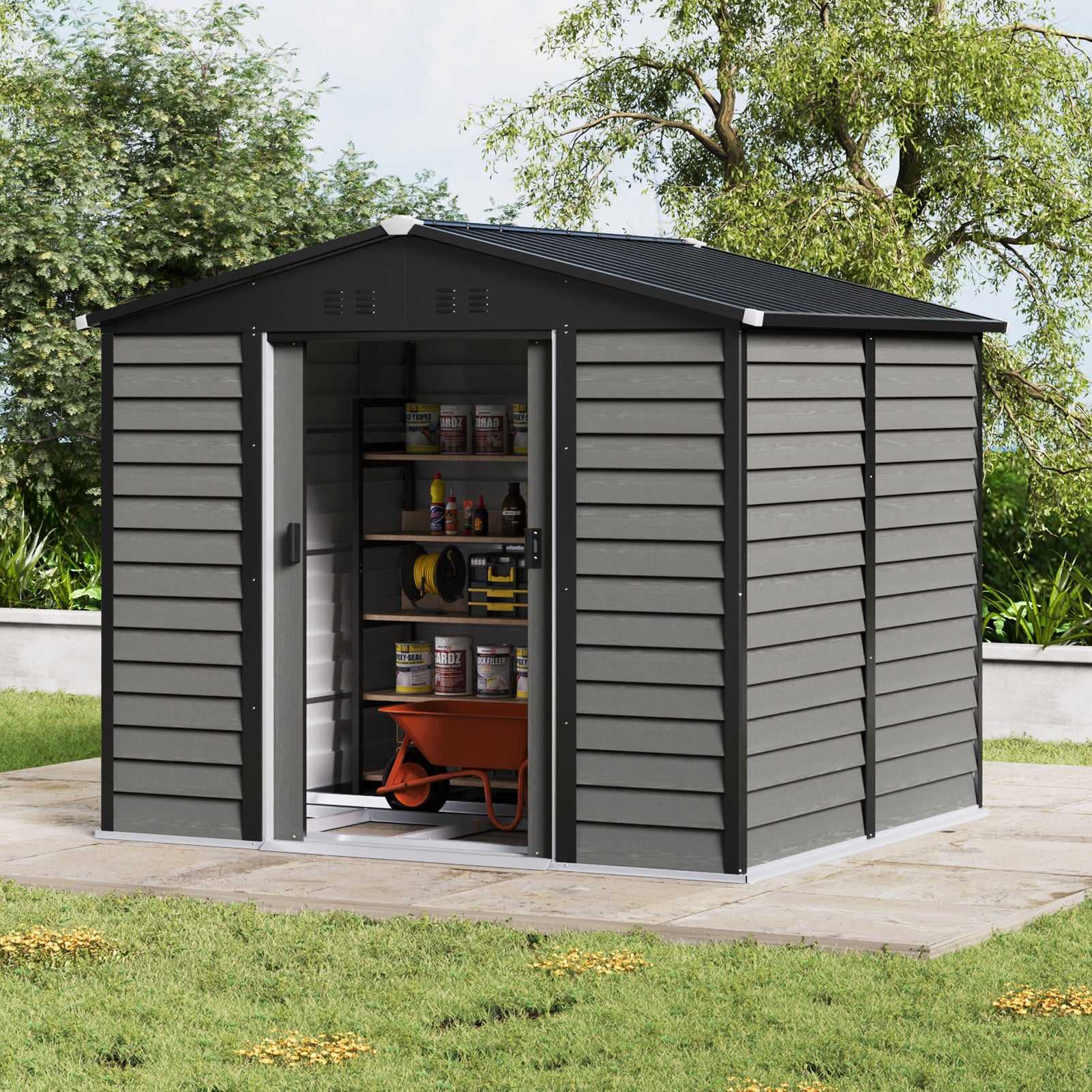 Large Metal Garden Storage Tool Shed with Wood Effect Sliding Door