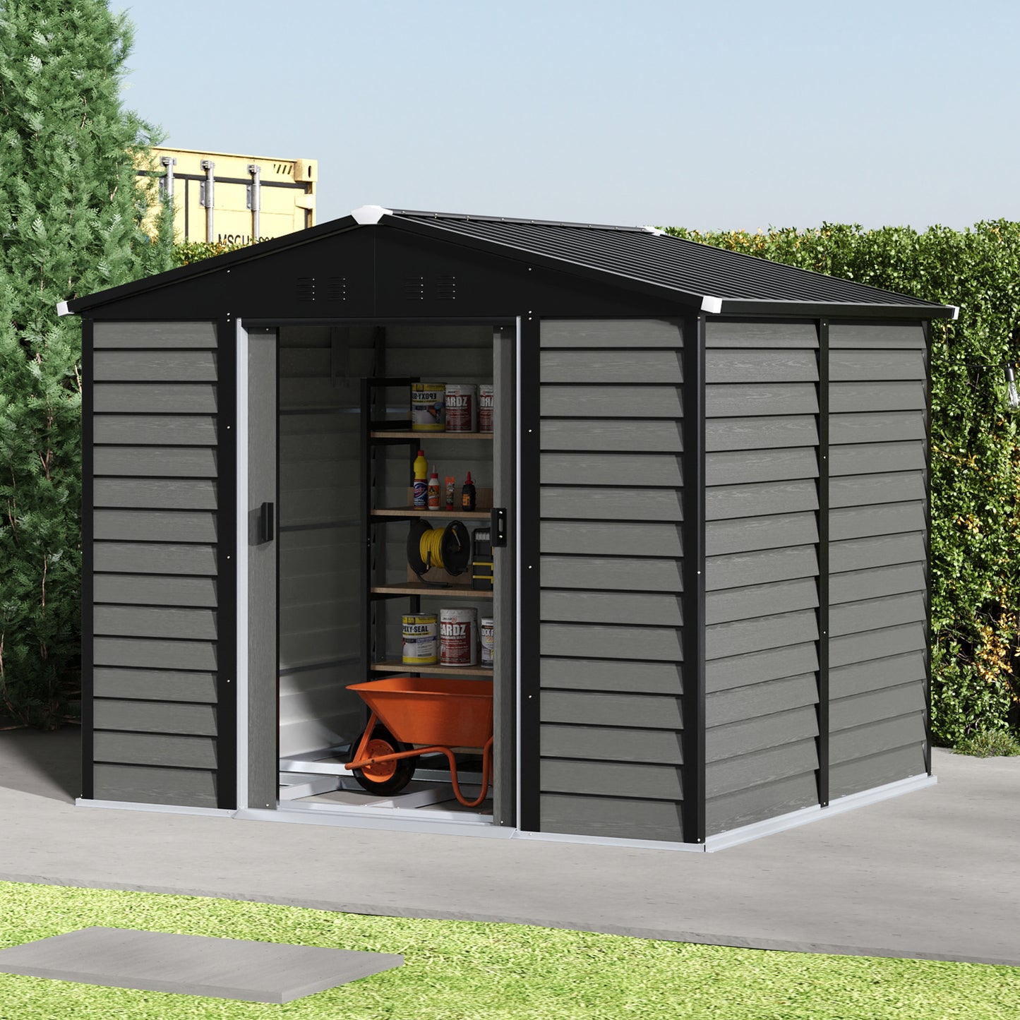 Large Metal Garden Storage Tool Shed with Wood Effect Sliding Door
