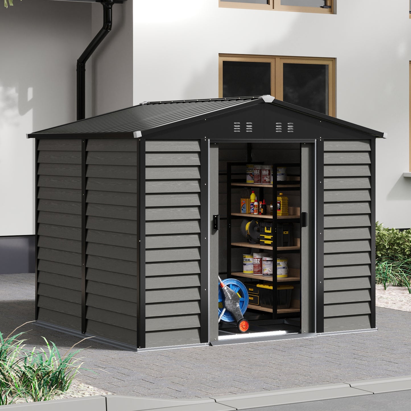 Large Metal Garden Storage Tool Shed with Wood Effect Sliding Door