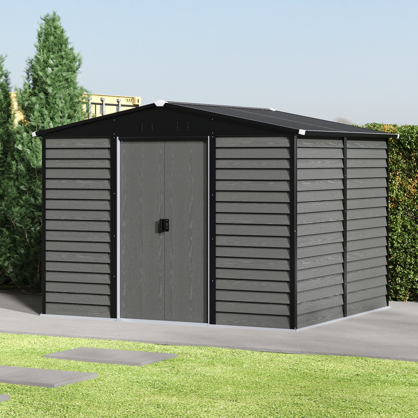 Large Metal Garden Storage Tool Shed with Wood Effect Sliding Door
