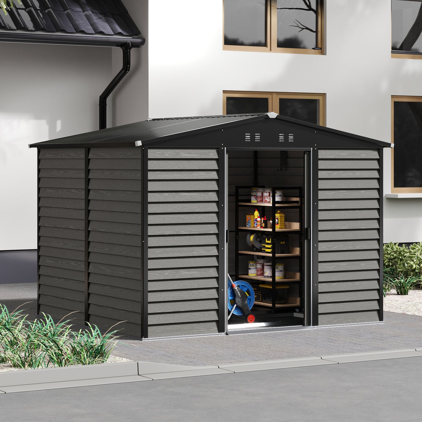 Large Metal Garden Storage Tool Shed with Wood Effect Sliding Door