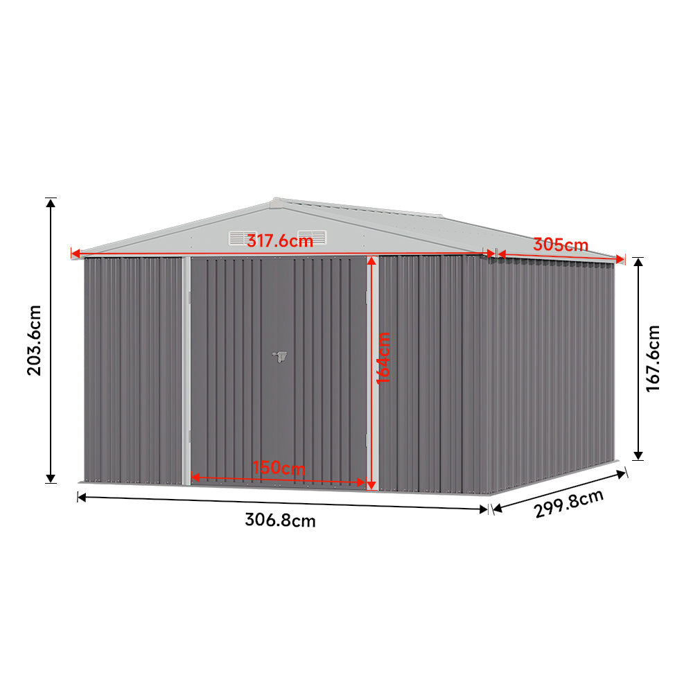10x8ft Metal Lockable Grey Outdoor Garden Storage Shed Apex Roof