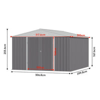 10x8ft Metal Lockable Grey Outdoor Garden Storage Shed Apex Roof