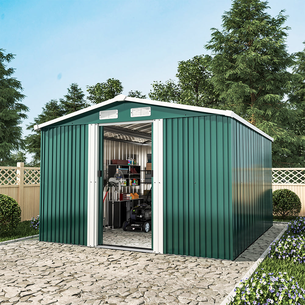 10x8ft Metal Garden Storage Tool Shed Double Sliding Doors Lockable Apex Roof