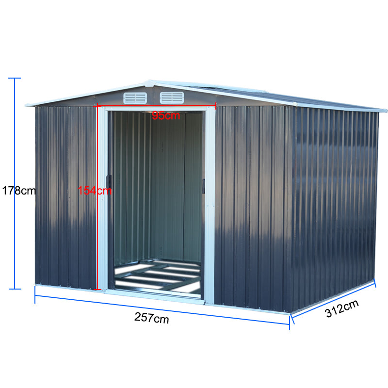 10x8ft Metal Garden Storage Tool Shed Double Sliding Doors Lockable Apex Roof