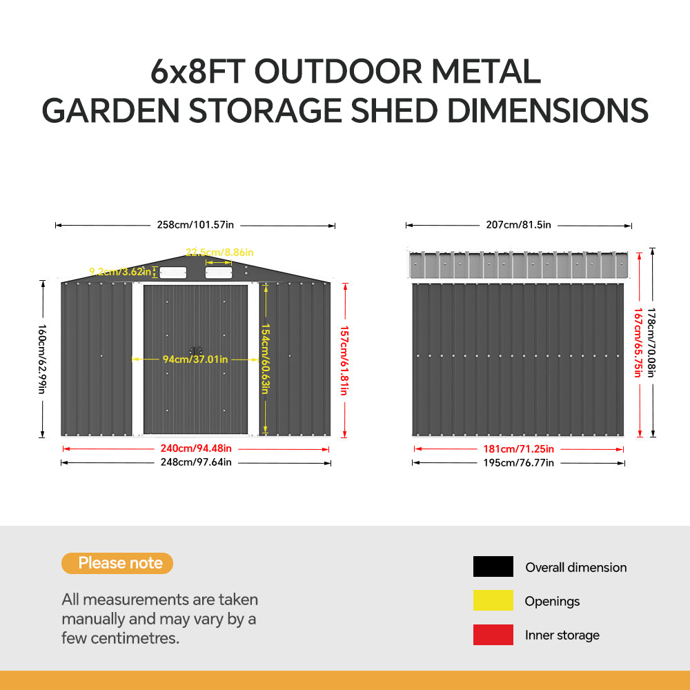 6x8ft Heavy Duty Metal Garden Storage Tool Shed Lockable Apex Roof