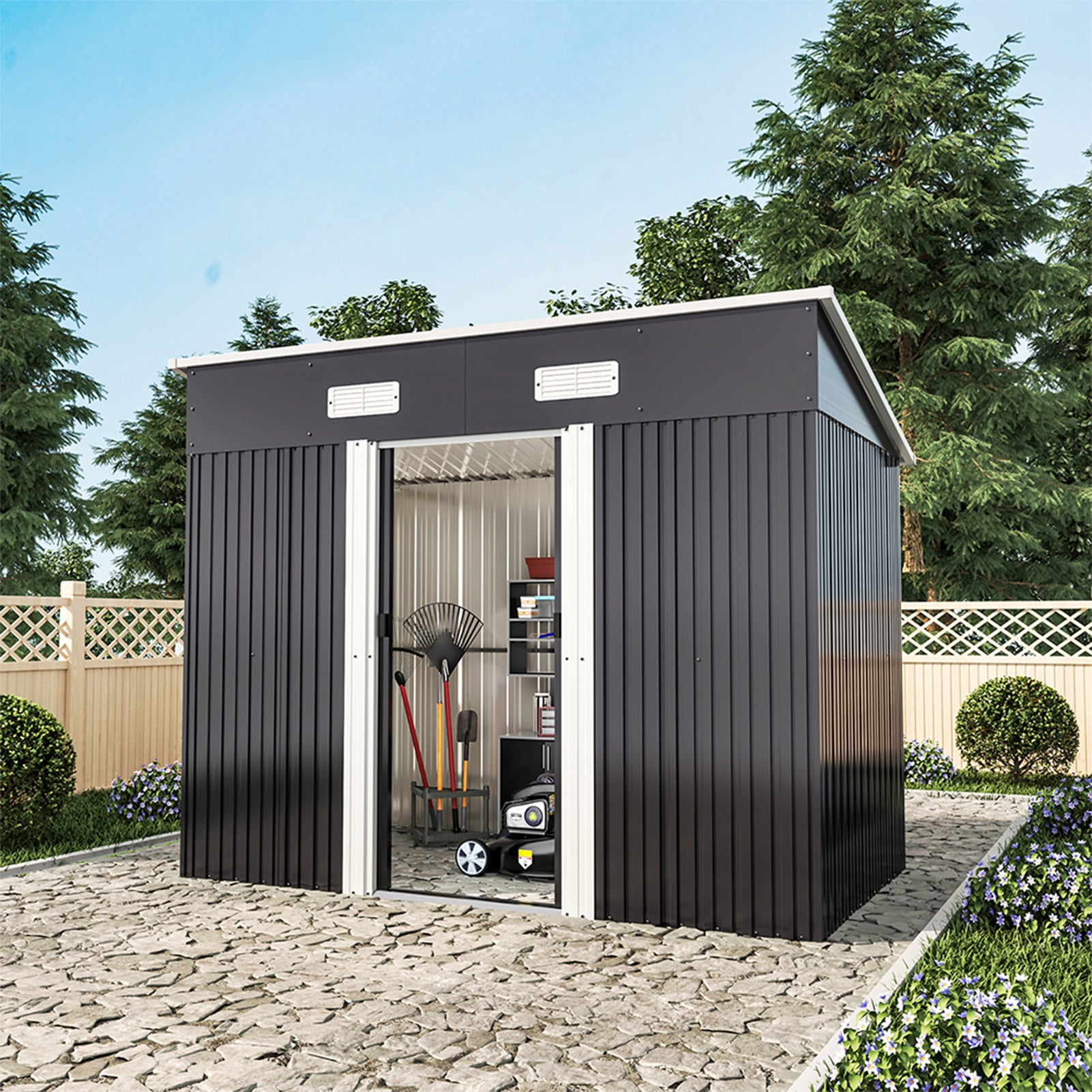 4x8ft Metal Garden Storage Tool Shed with Double Doors Ventilated Sloped Roof
