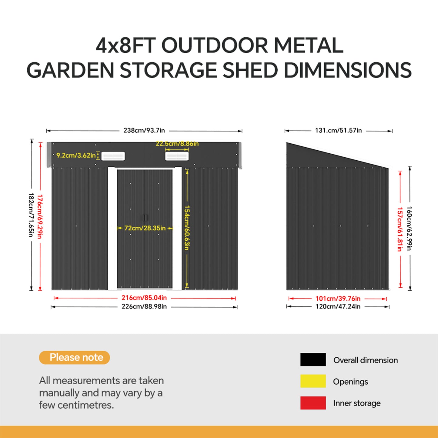 4x8ft Metal Garden Storage Tool Shed with Double Doors Ventilated Sloped Roof