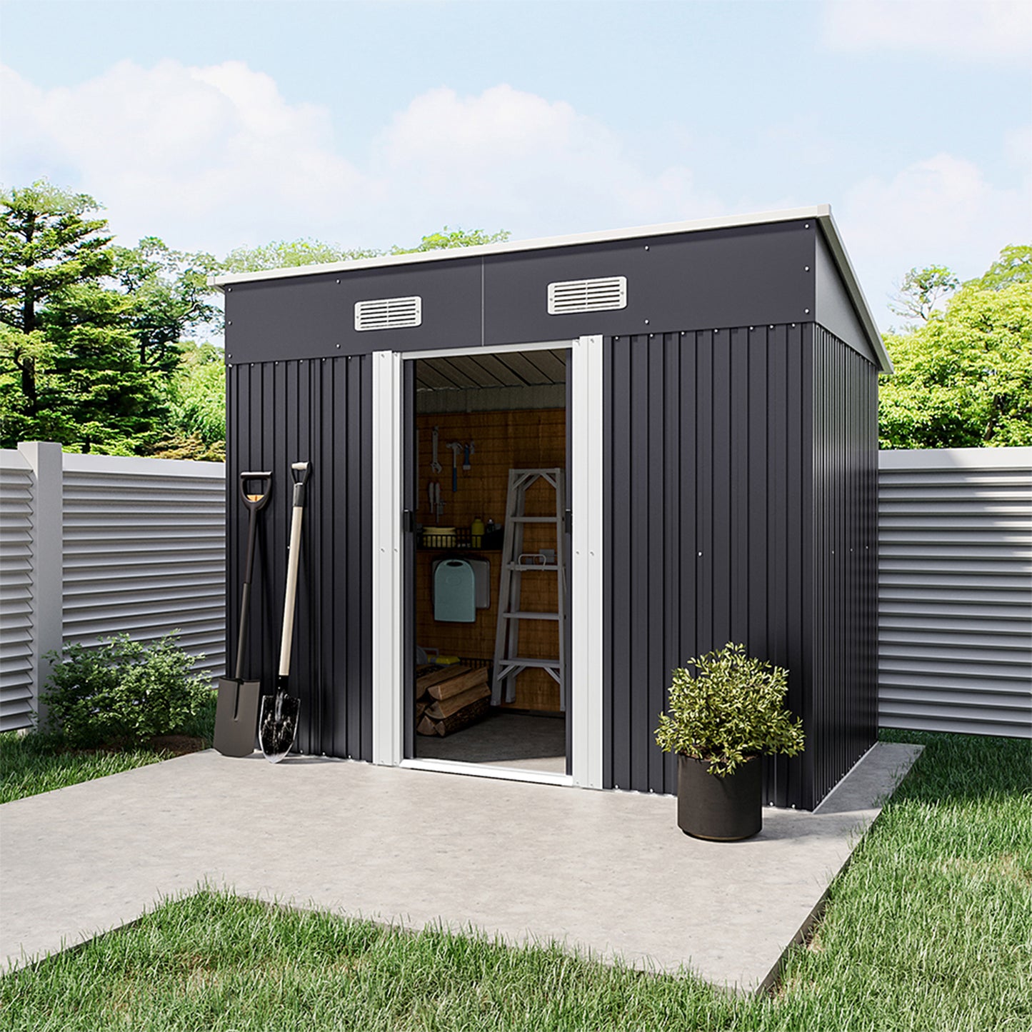 4x8ft Metal Garden Storage Tool Shed with Double Doors Ventilated Sloped Roof