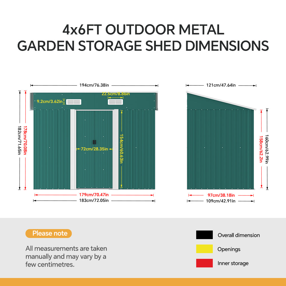 4x6ft Metal Garden Storage Tool Shed with Sliding Doors Ventilated Pent Roof