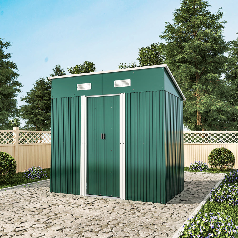 4x6ft Metal Garden Storage Tool Shed with Sliding Doors Ventilated Pent Roof