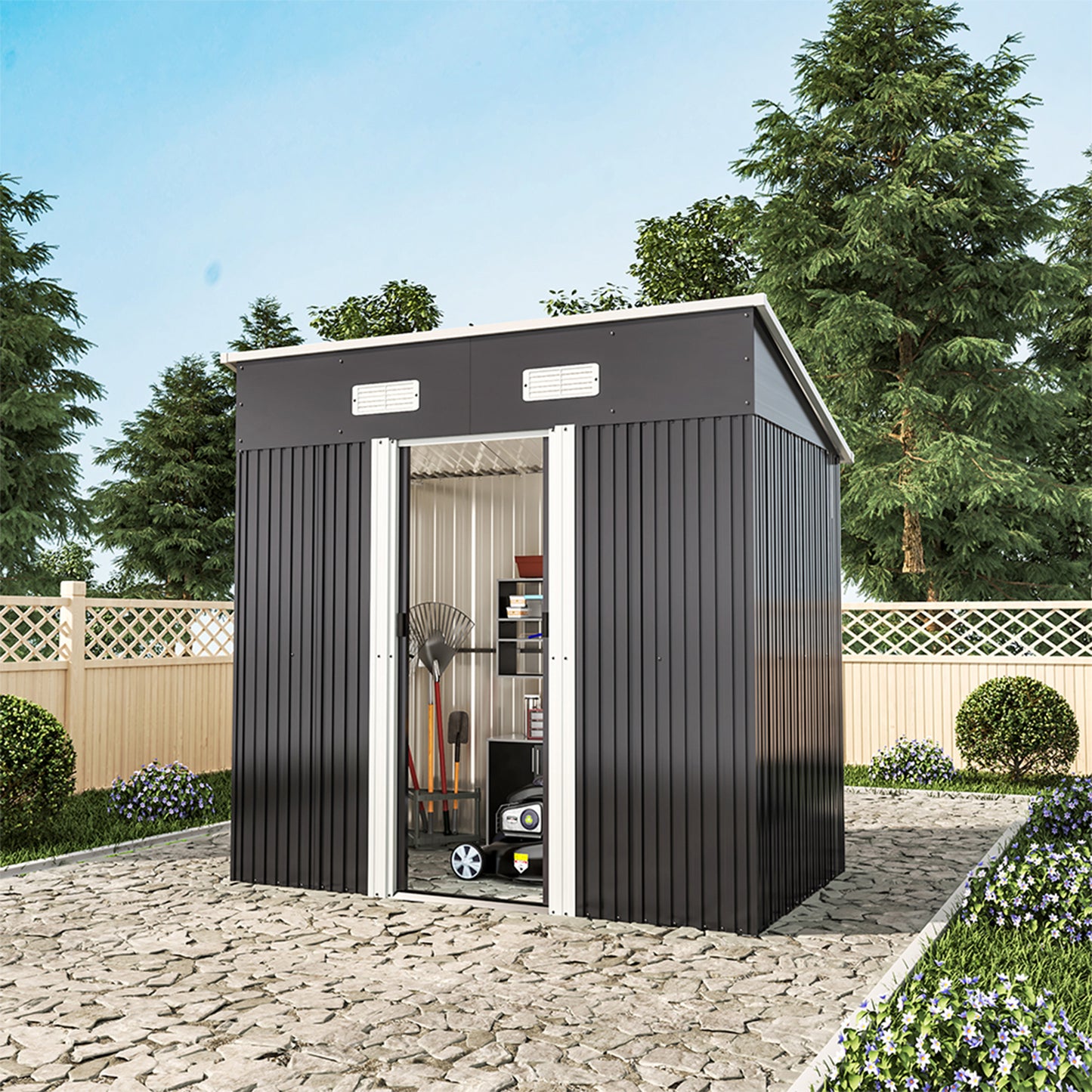 4x6ft Metal Garden Storage Tool Shed with Sliding Doors Ventilated Pent Roof