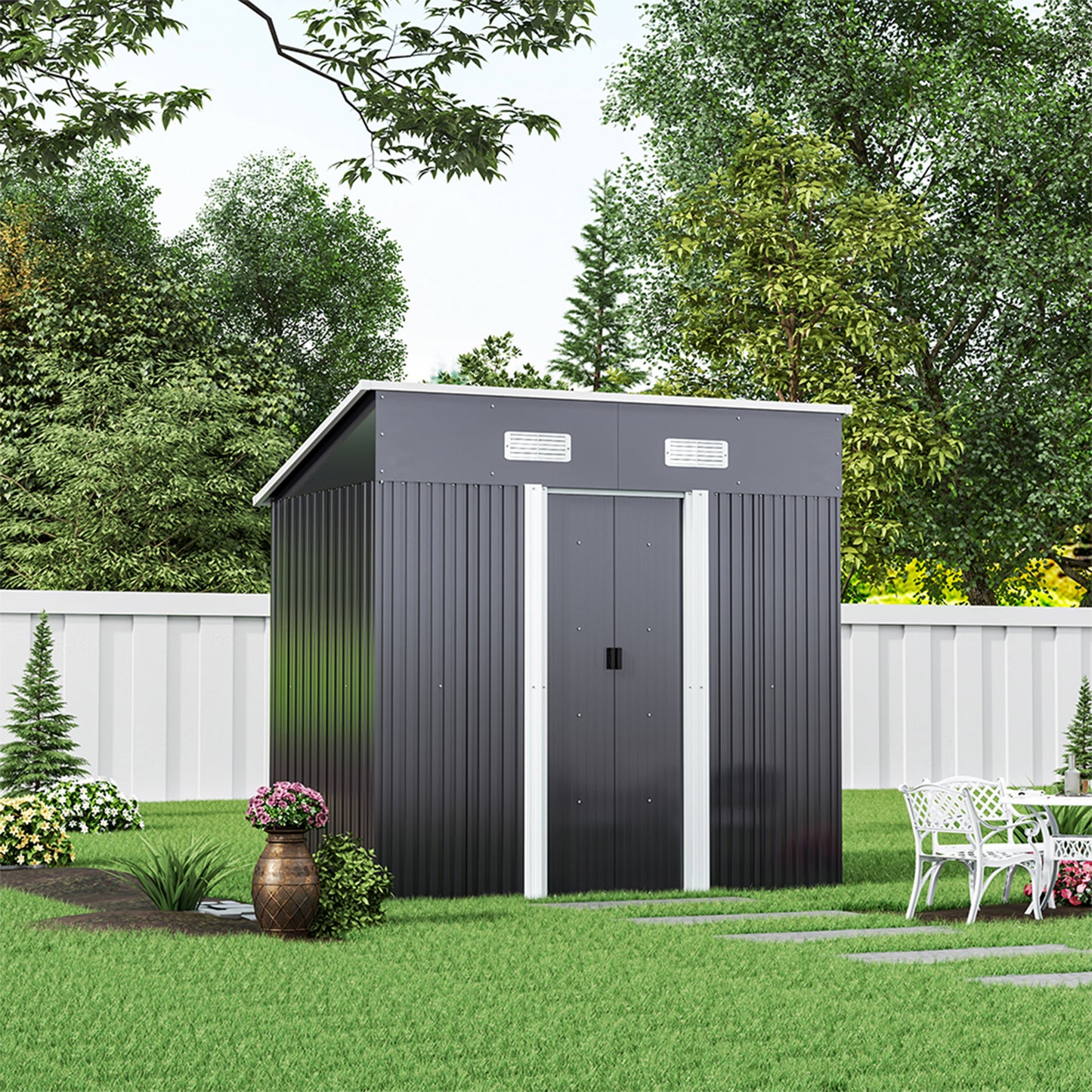 4x6ft Metal Garden Storage Tool Shed with Sliding Doors Ventilated Pent Roof