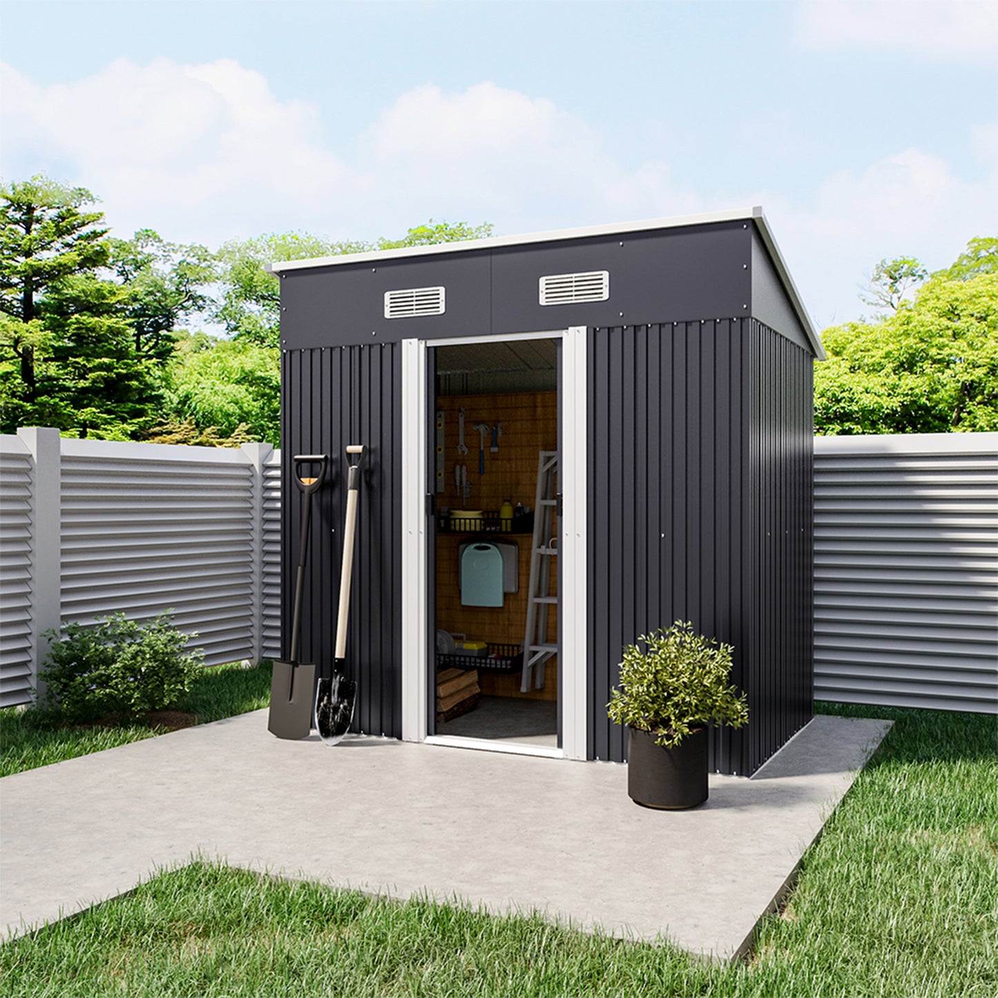 4x6ft Metal Garden Storage Tool Shed with Sliding Doors Ventilated Pent Roof