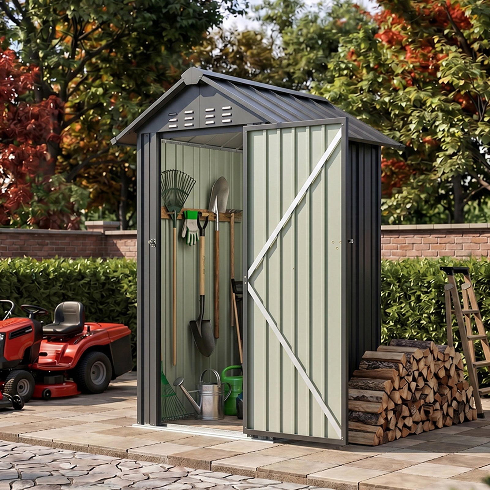 4x4FT Metal Garden Tool Shed With Apex Roof Lockable Door And 4 Vents