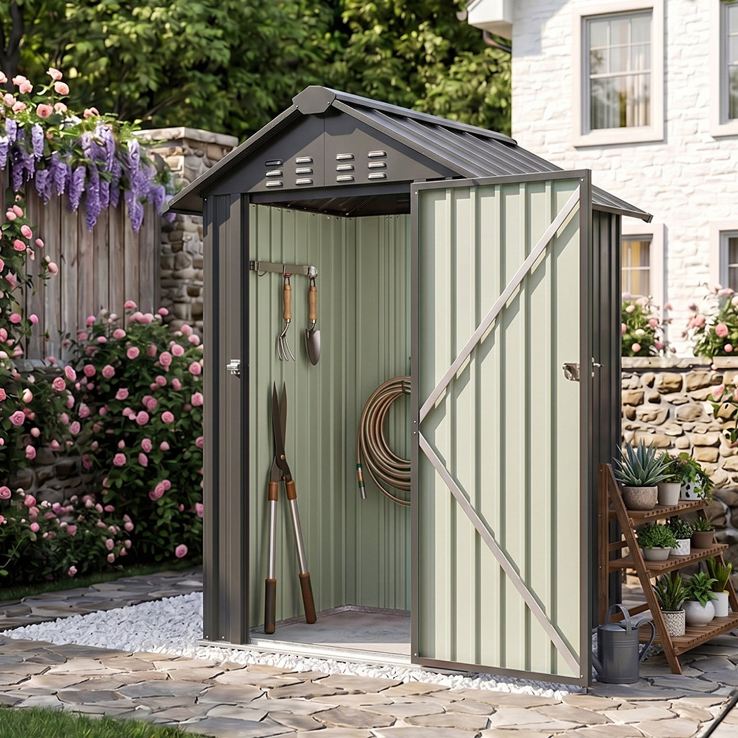 4x4FT Metal Garden Tool Shed With Apex Roof Lockable Door And 4 Vents