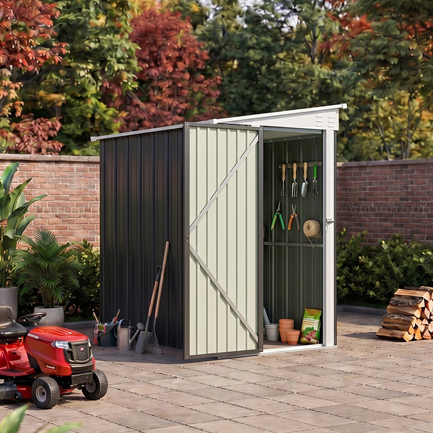 4x6FT Metal Garden Tool Shed With Pent Roof Lockable Door And Vents