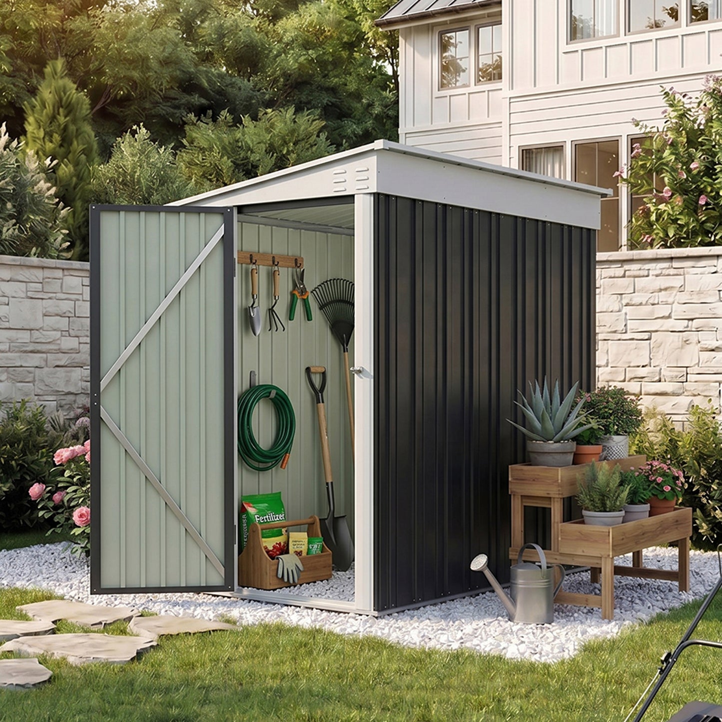 4x6FT Metal Garden Tool Shed With Pent Roof Lockable Door And Vents