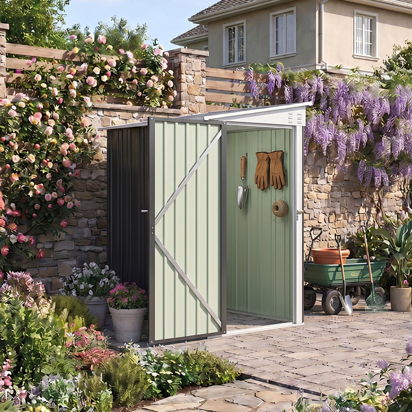 4x6FT Metal Garden Tool Shed With Pent Roof Lockable Door And Vents