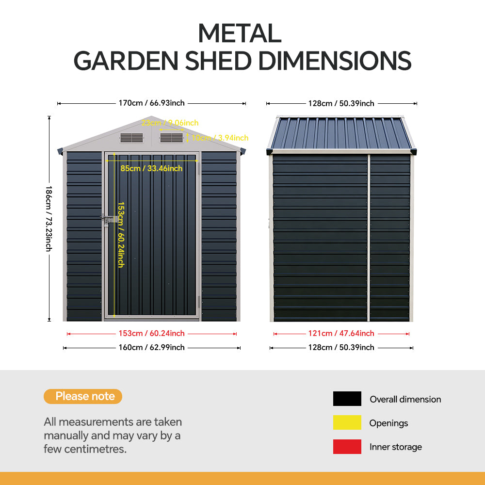 6ft Metal Lockable Garden Storage Shed Apex Roof Ventilated