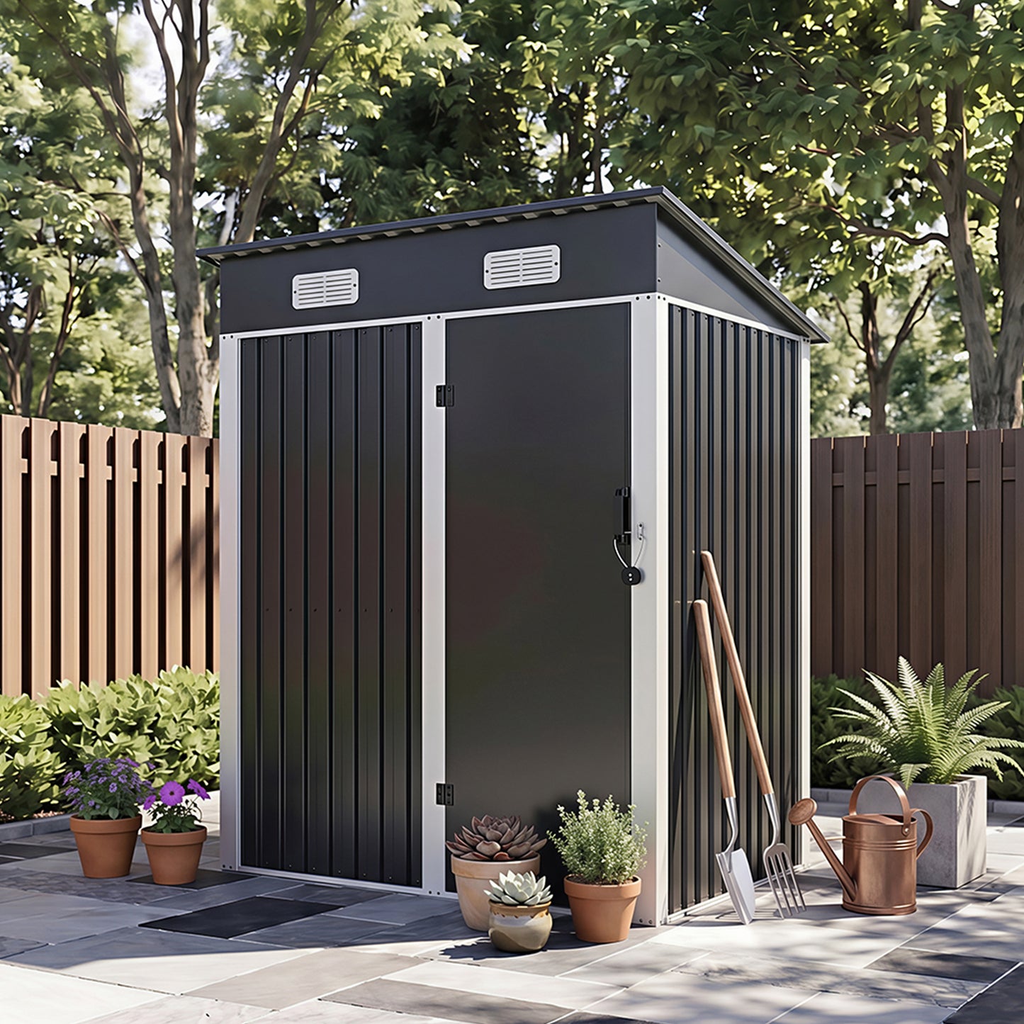 5x3FT Galvanised Metal Garden Shed With Pent Roof Lockable Door