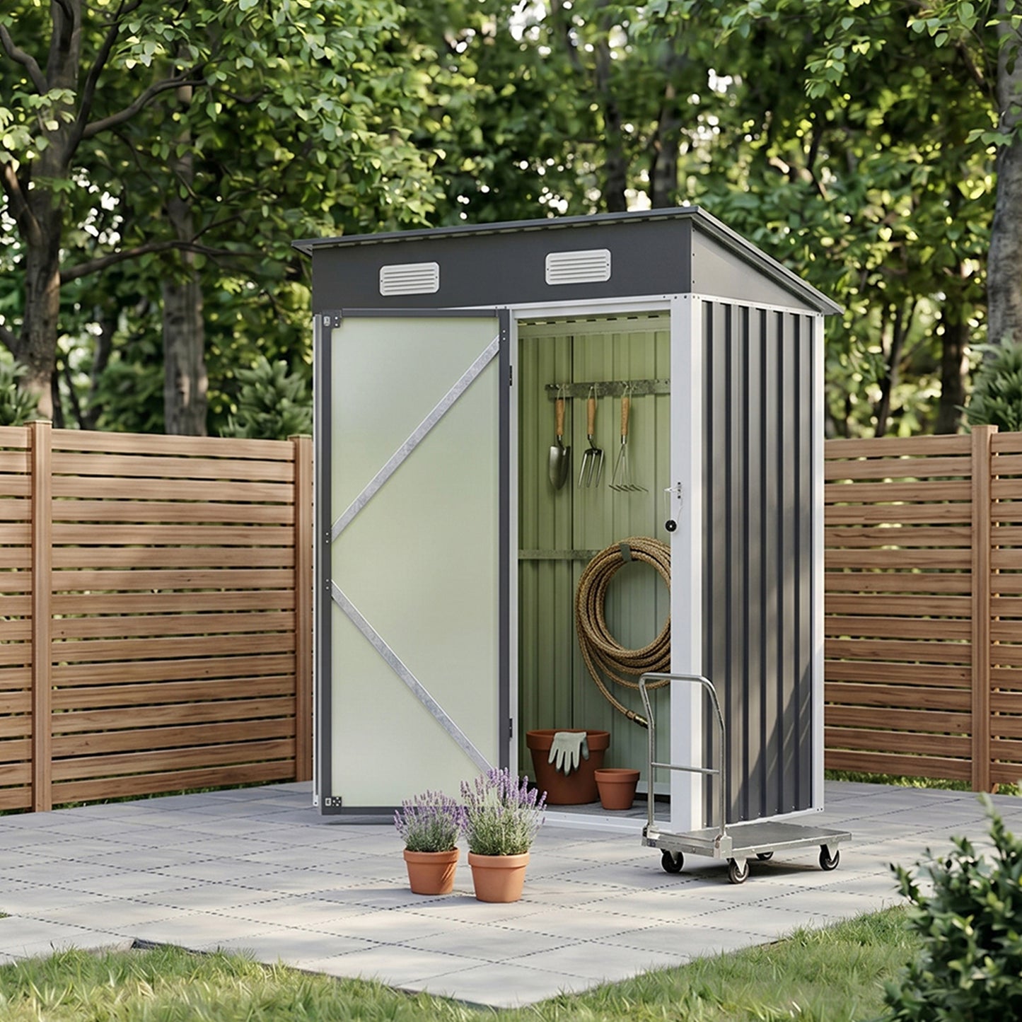 5x3FT Galvanised Metal Garden Shed With Pent Roof Lockable Door