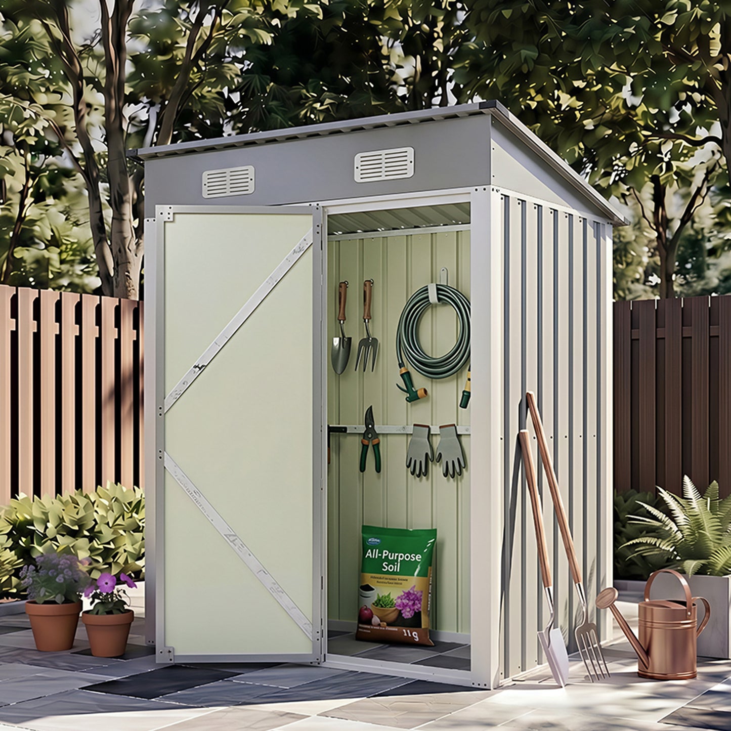 5x3FT Galvanised Metal Garden Shed With Pent Roof Lockable Door
