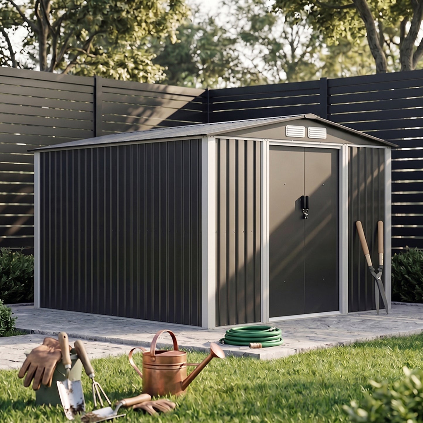 8x10FT Metal Garden Shed With Apex Roof Lockable Double Sliding Doors