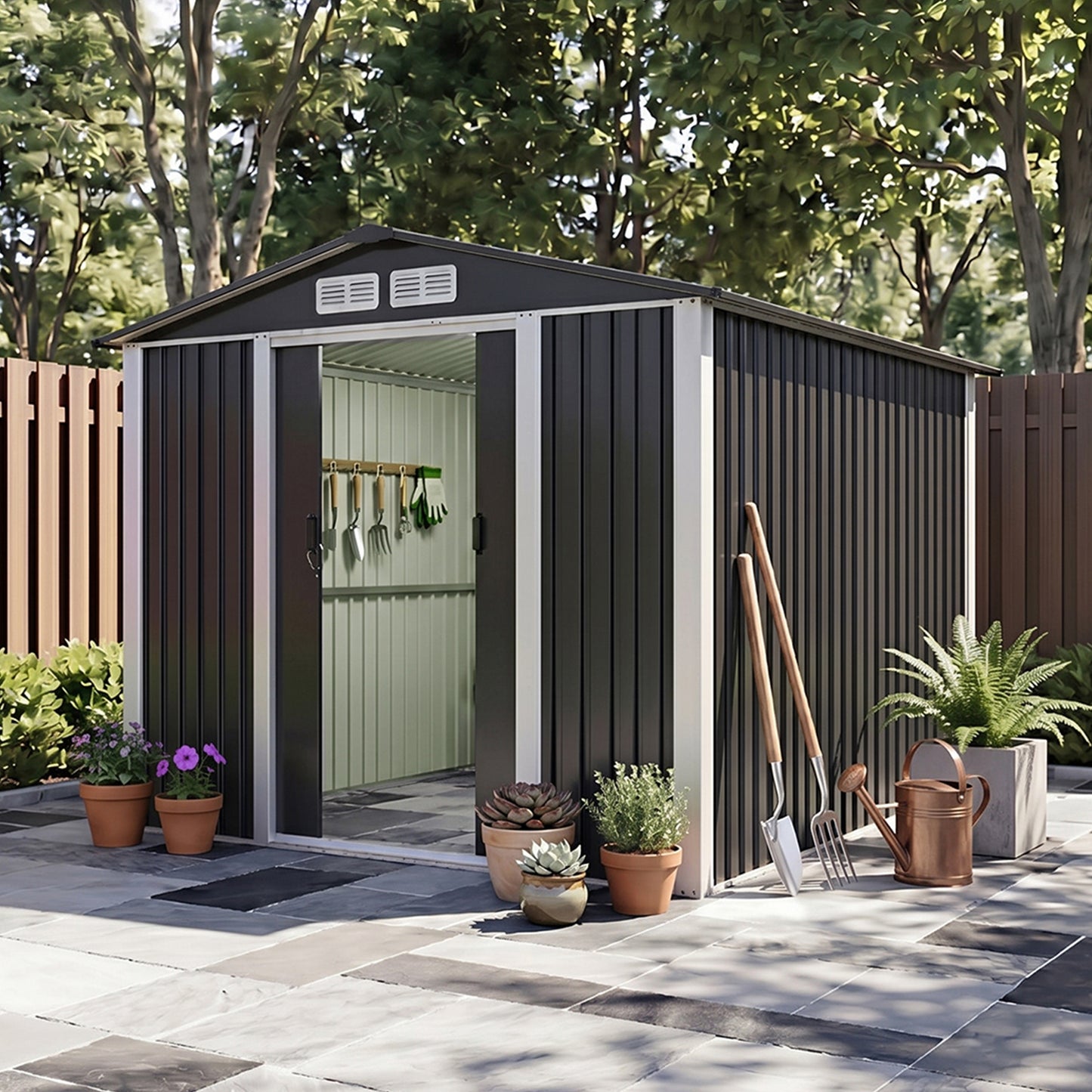 8x10FT Metal Garden Shed With Apex Roof Lockable Double Sliding Doors