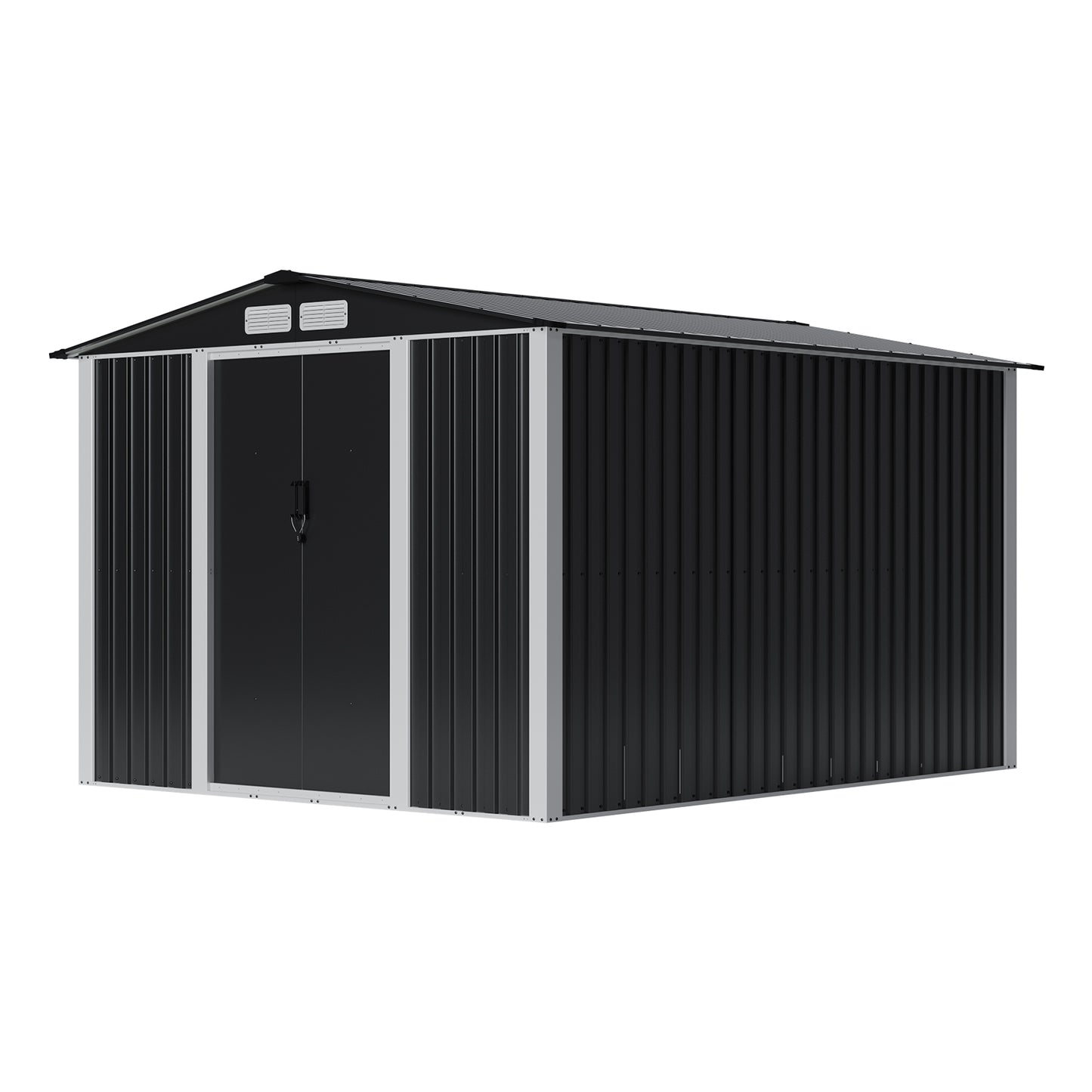 8x10FT Metal Garden Shed With Apex Roof Lockable Double Sliding Doors
