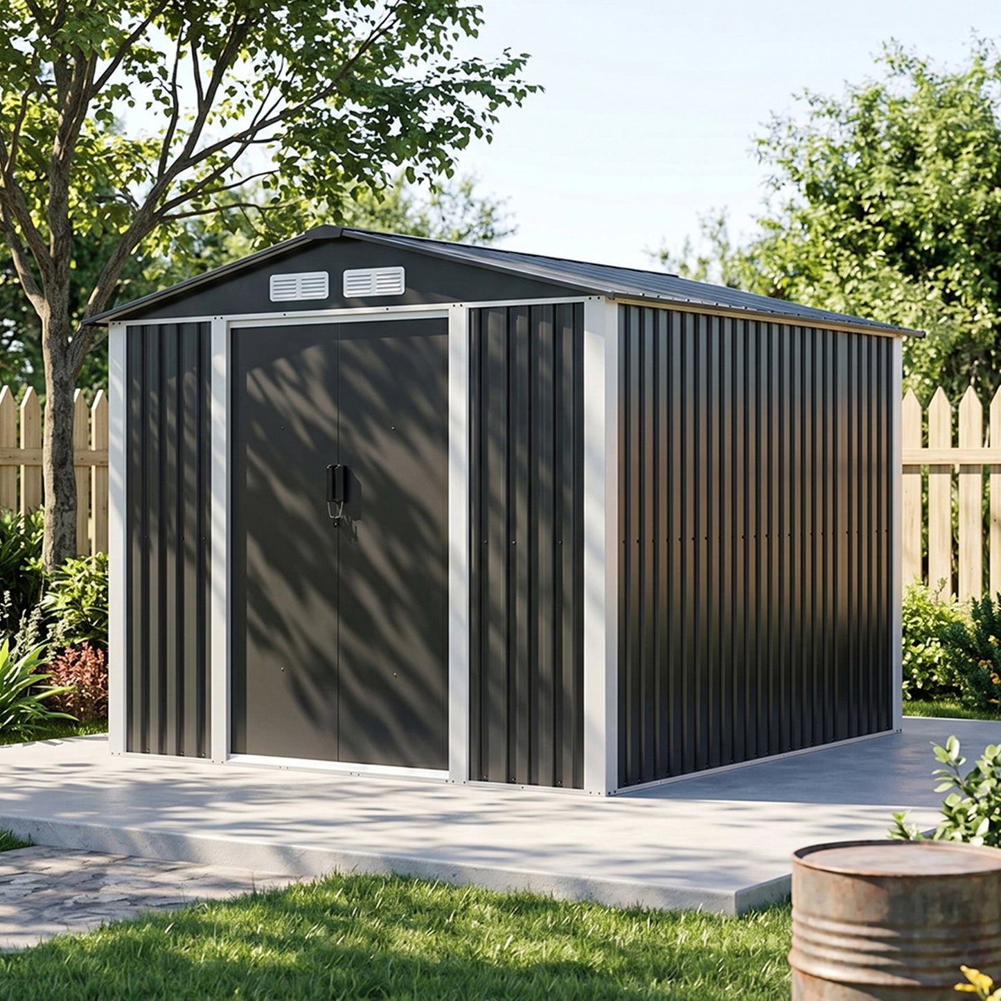 8x10FT Metal Garden Shed With Apex Roof Lockable Double Sliding Doors