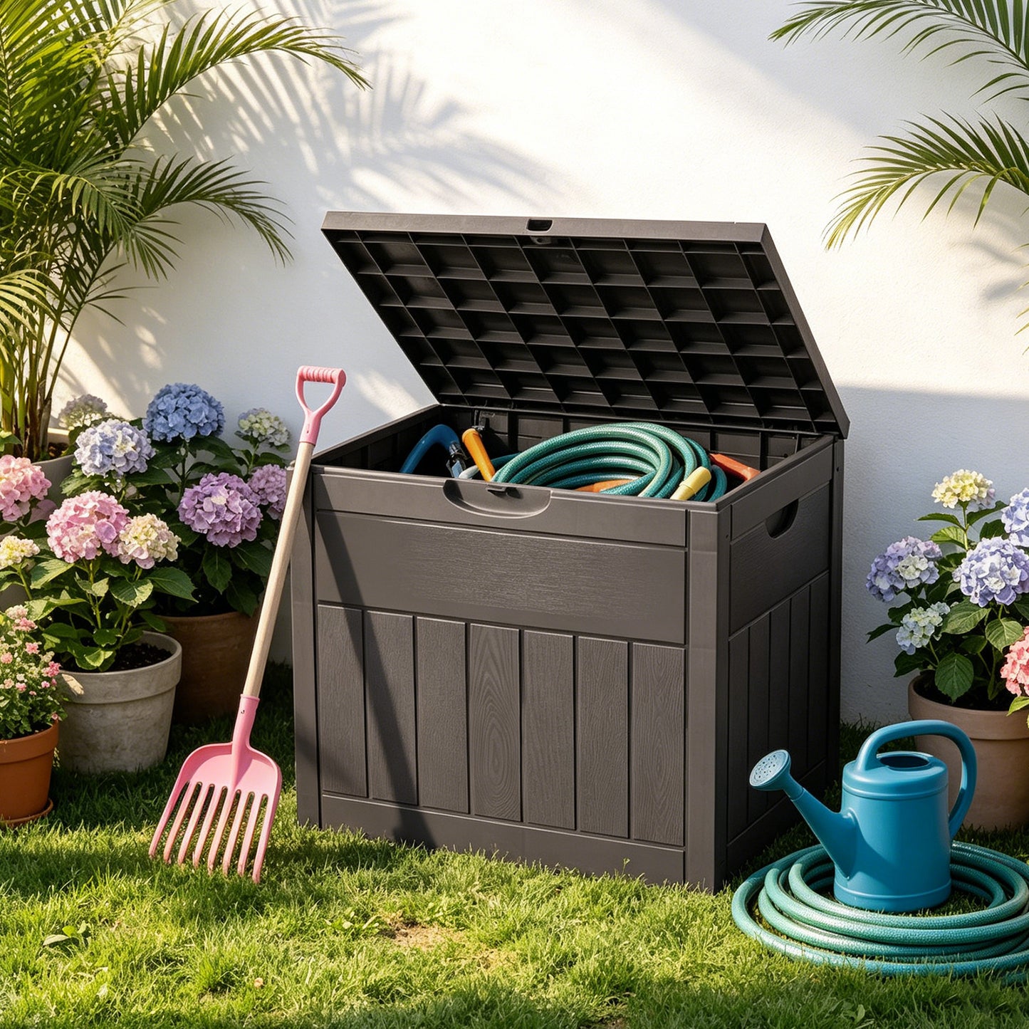 126L Wood Grain Outdoor Garden Storage Box With Combination Padlock