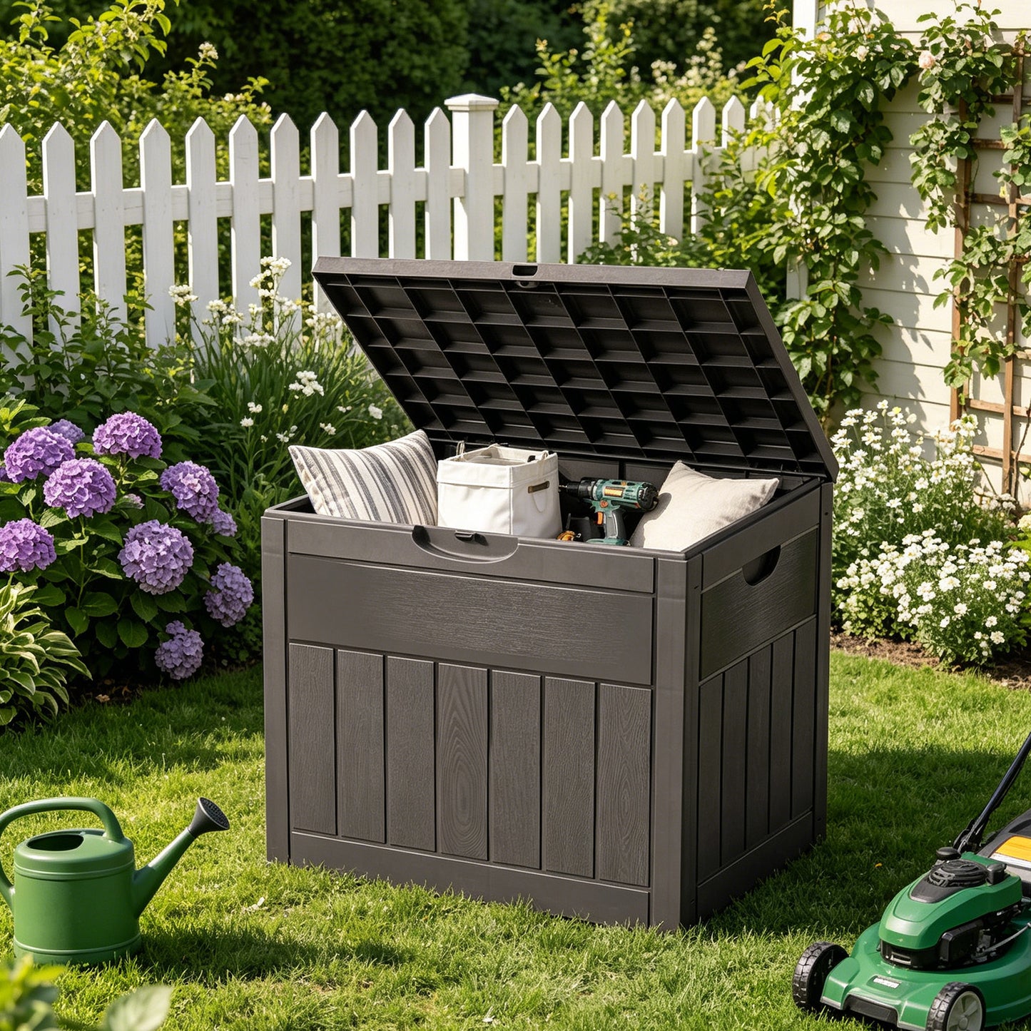 126L Wood Grain Outdoor Garden Storage Box With Combination Padlock