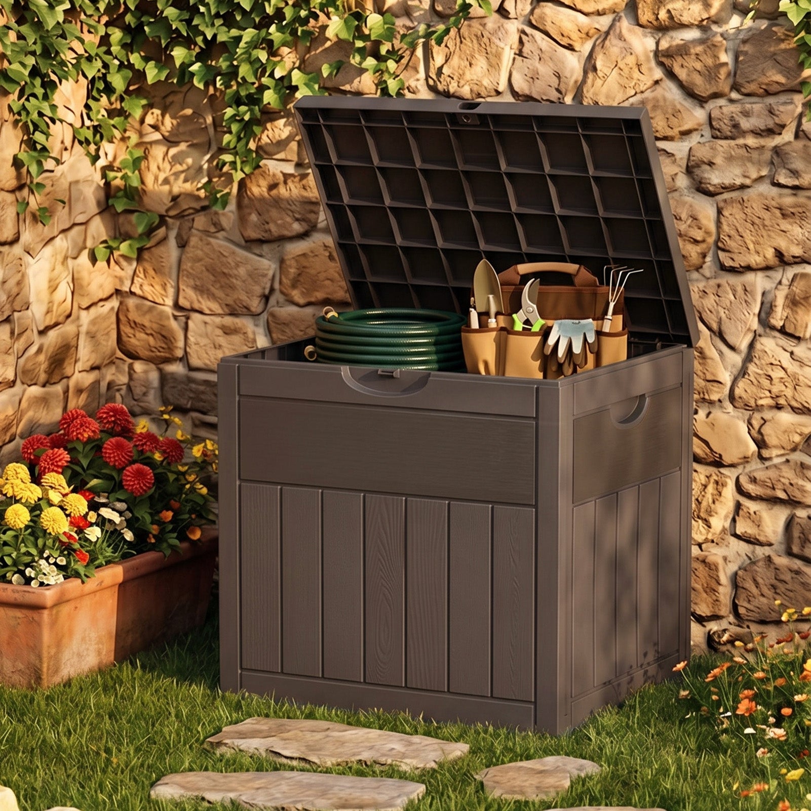 126L Wood Grain Outdoor Garden Storage Box With Combination Padlock