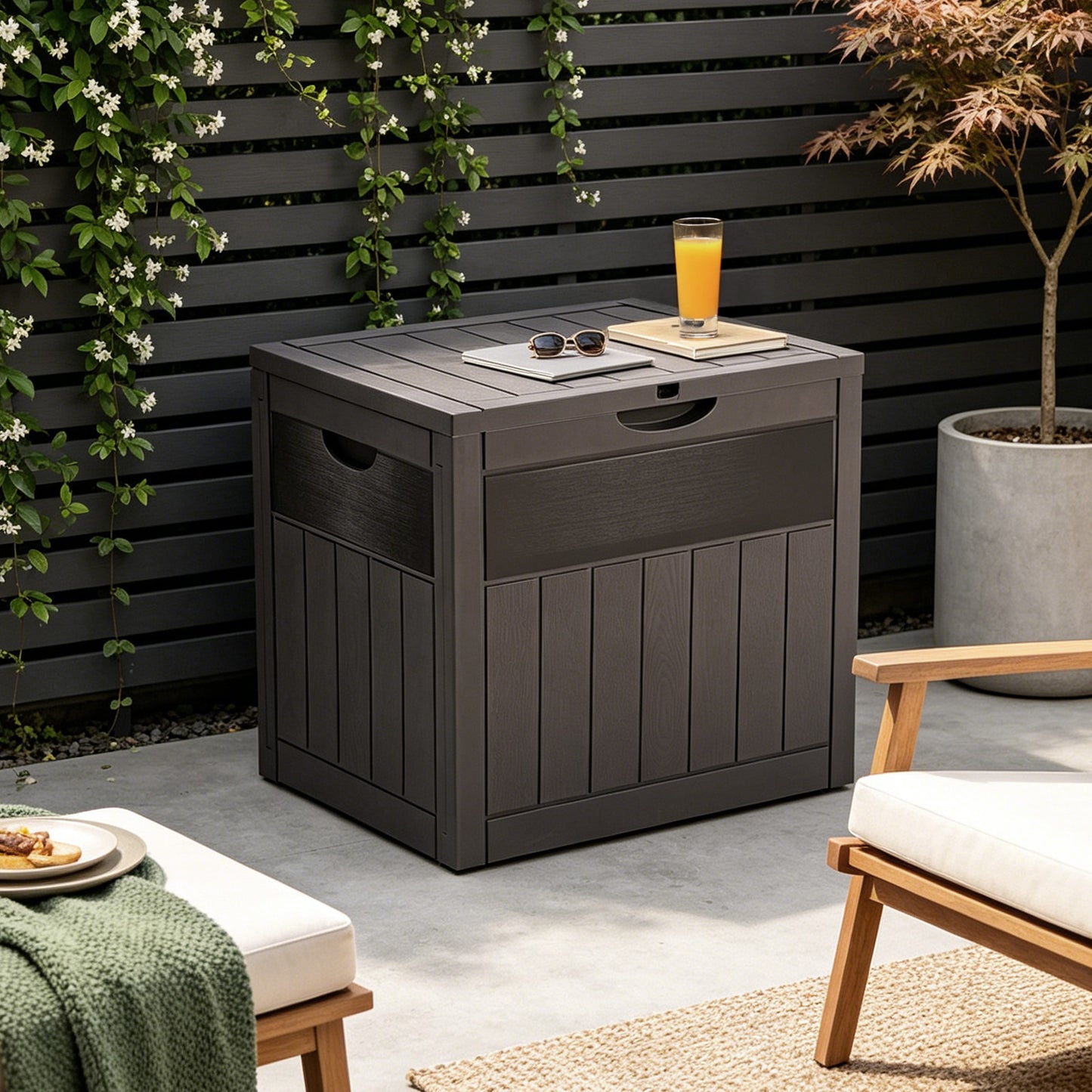 126L Wood Grain Outdoor Garden Storage Box With Combination Padlock