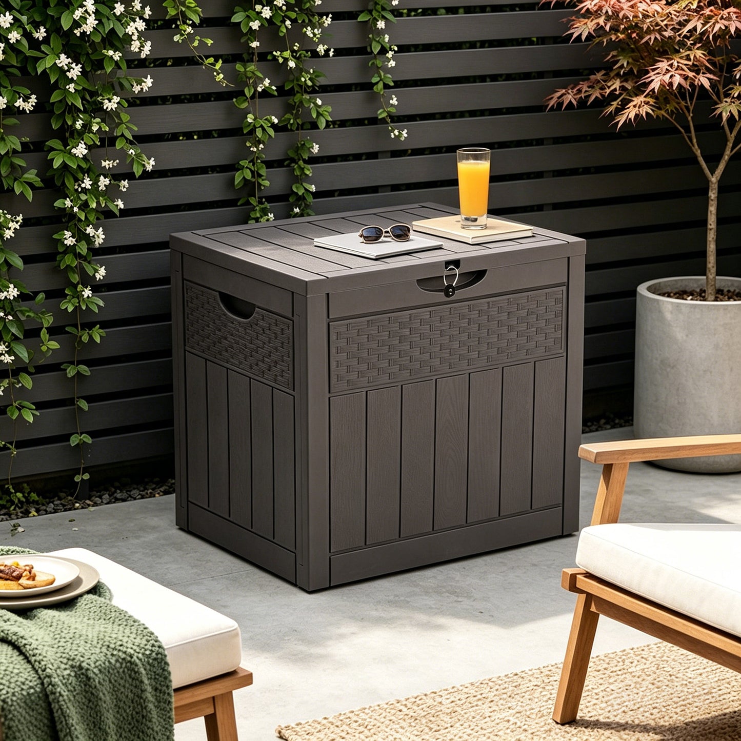 126L Wicker Effect Outdoor Garden Storage Box With Lockable Lid