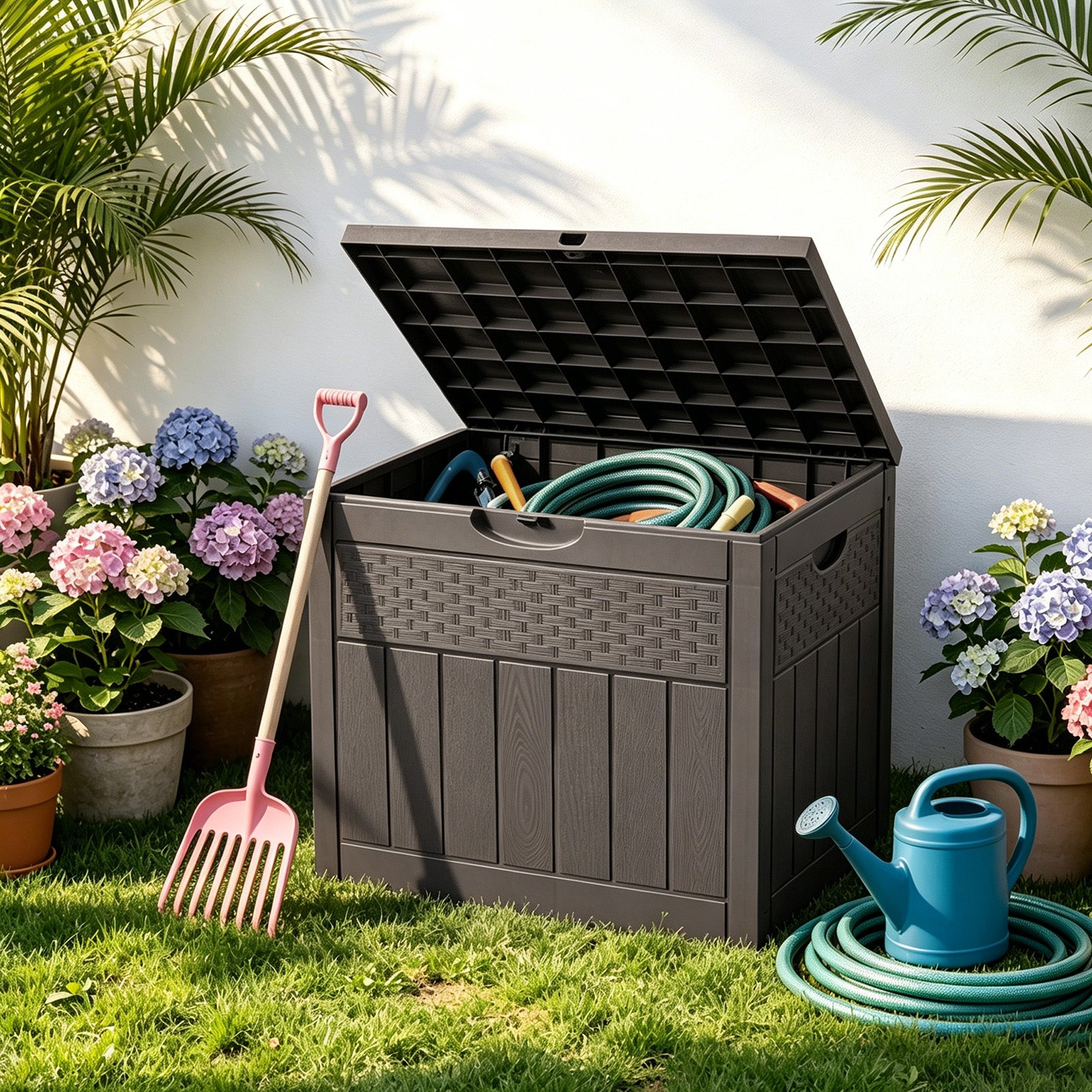 126L Wicker Effect Outdoor Garden Storage Box With Lockable Lid
