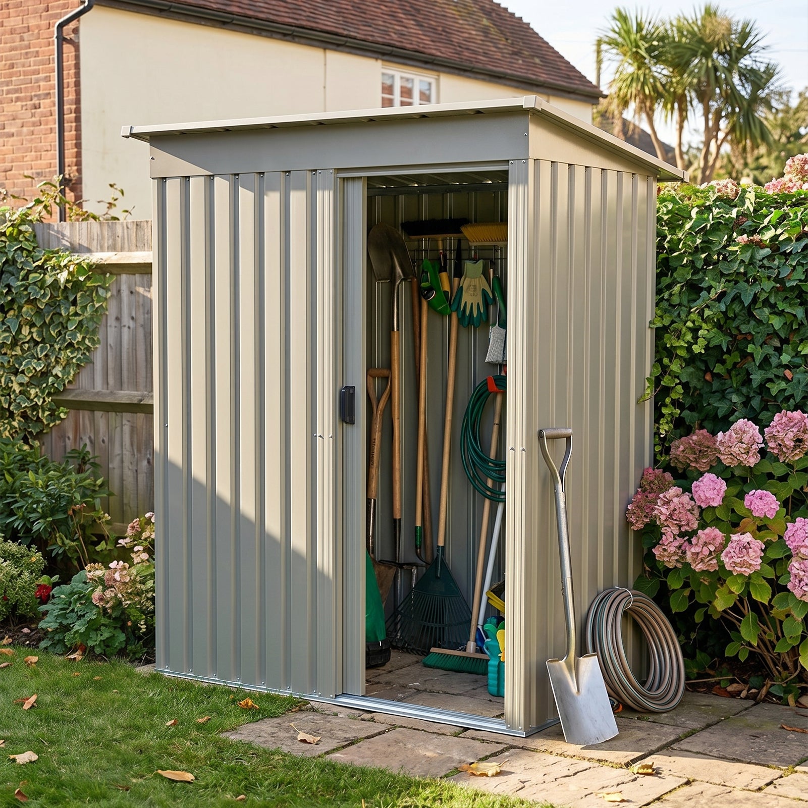 3x5ft Metal Lockable Garden Storage Shed With Sliding Door
