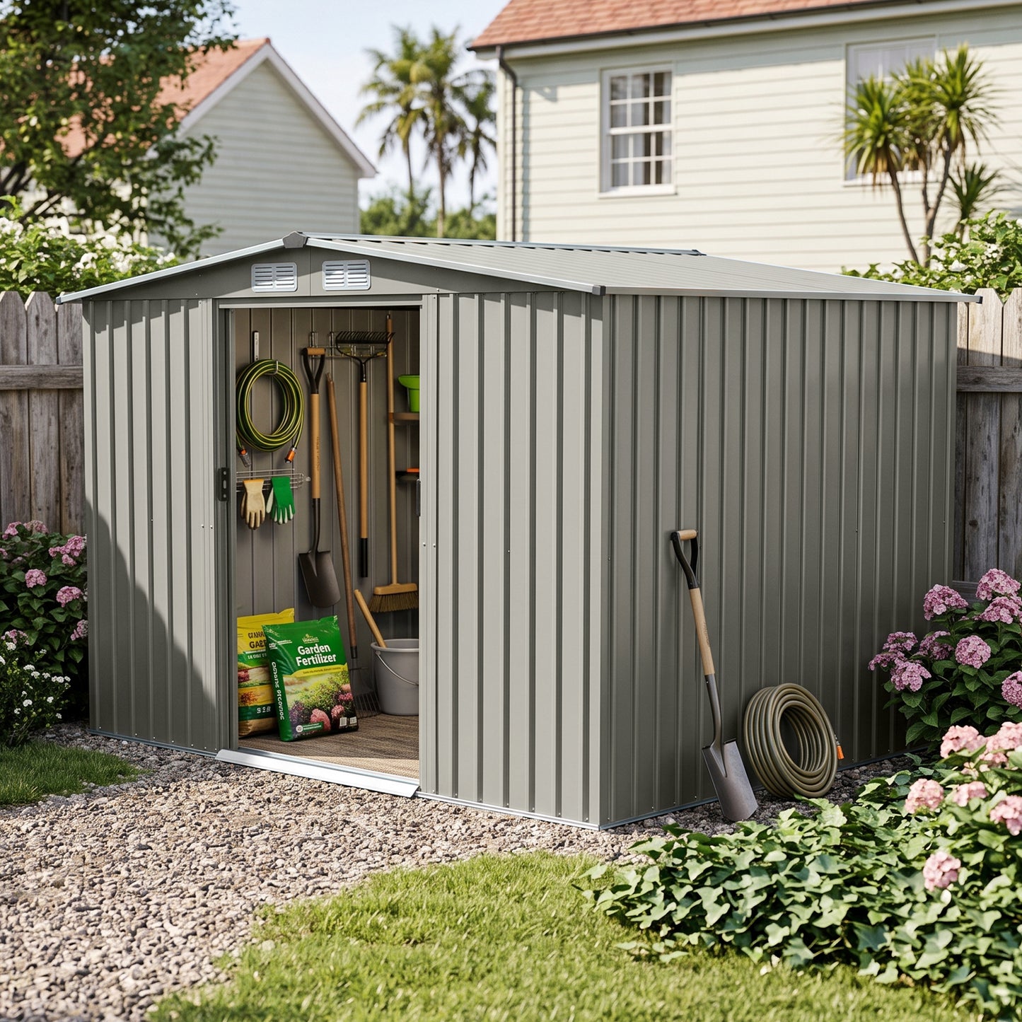 6x8FT Wood Grain Metal Garden Shed With Double Sliding Doors Apex Roof