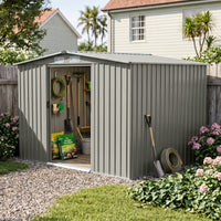 6x8FT Wood Grain Metal Garden Shed With Double Sliding Doors Apex Roof
