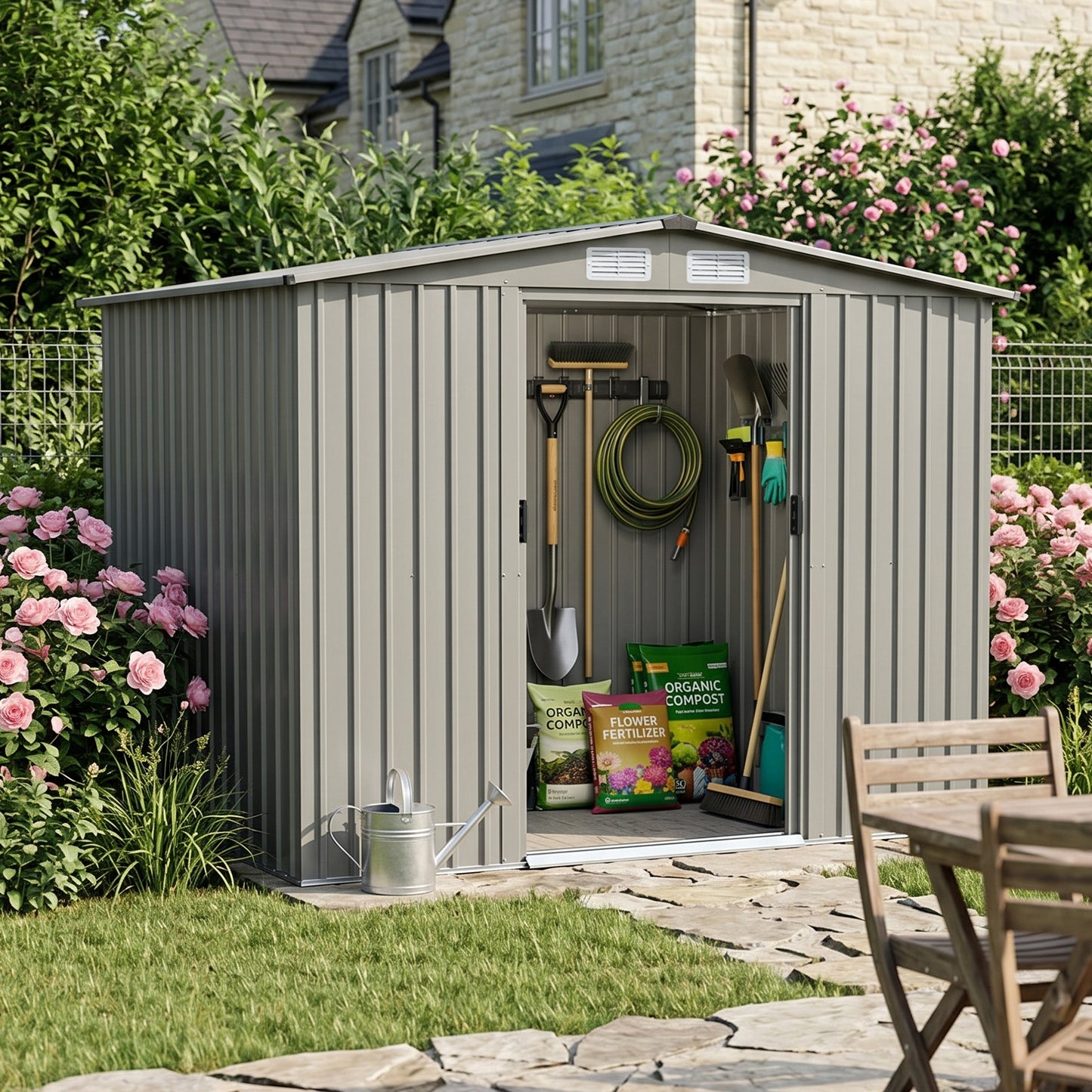 6x8FT Wood Grain Metal Garden Shed With Double Sliding Doors Apex Roof