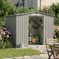 6x8FT Wood Grain Metal Garden Shed With Double Sliding Doors Apex Roof