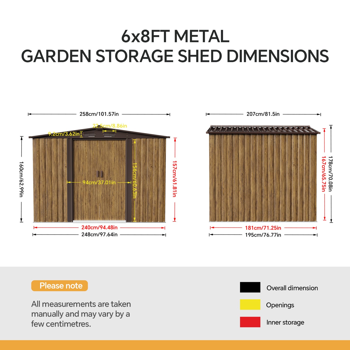 6x8FT Wood Grain Metal Garden Shed With Double Sliding Doors Apex Roof
