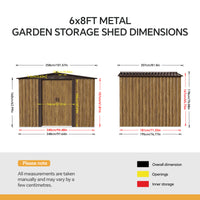 6x8FT Wood Grain Metal Garden Shed With Double Sliding Doors Apex Roof