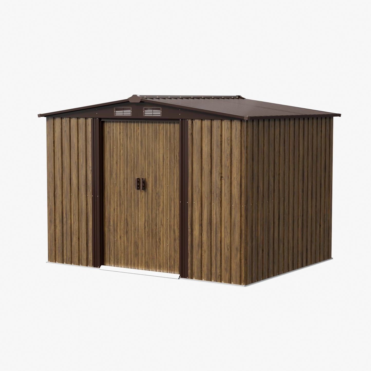 6x8FT Wood Grain Metal Garden Shed With Double Sliding Doors Apex Roof