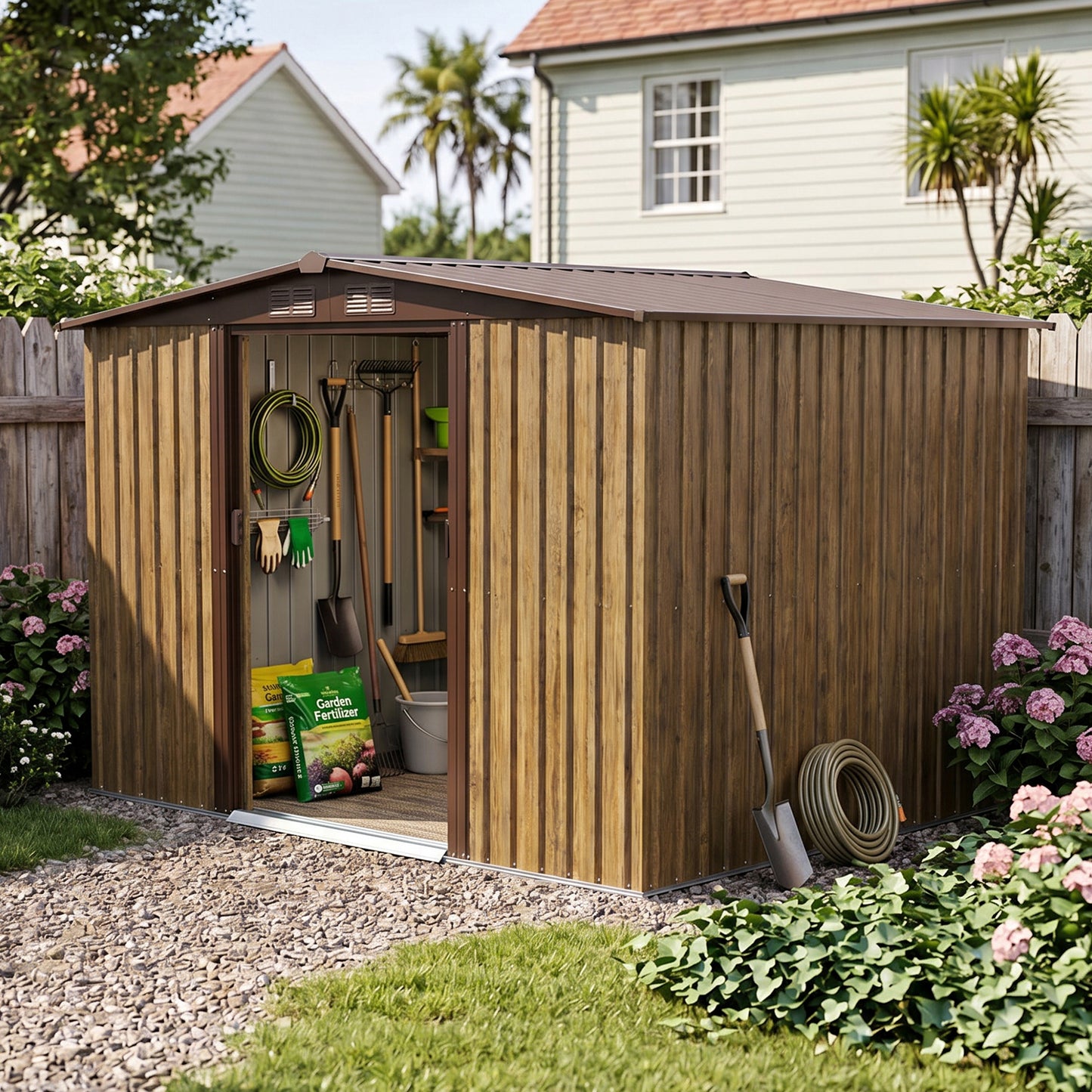 6x8FT Wood Grain Metal Garden Shed With Double Sliding Doors Apex Roof
