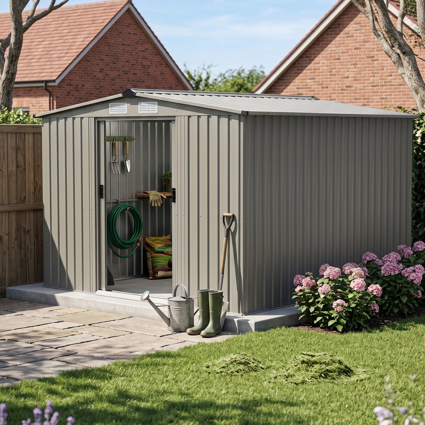 8x8ft Apex Roof Metal Garden Storage Shed With Sliding Doors