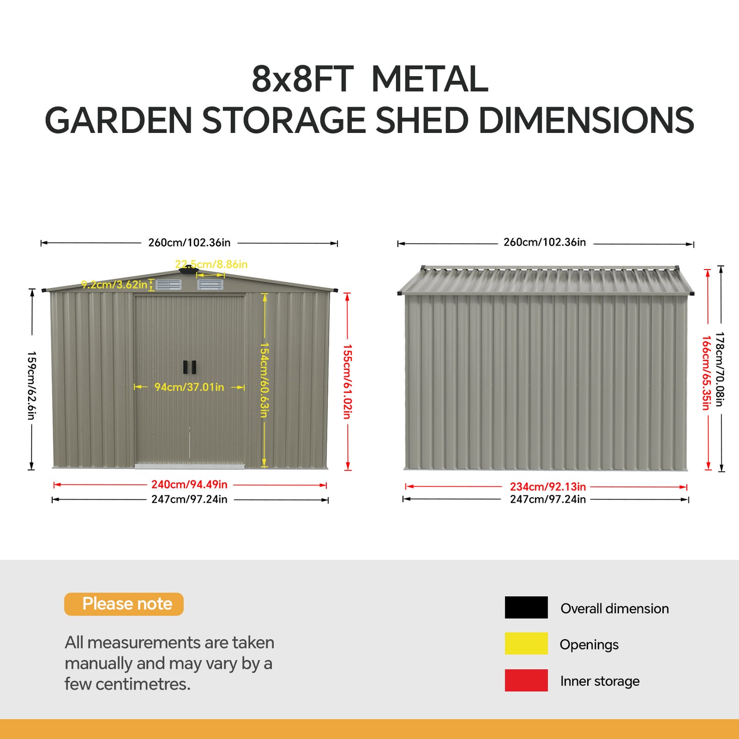 8x8ft Apex Roof Metal Garden Storage Shed With Sliding Doors