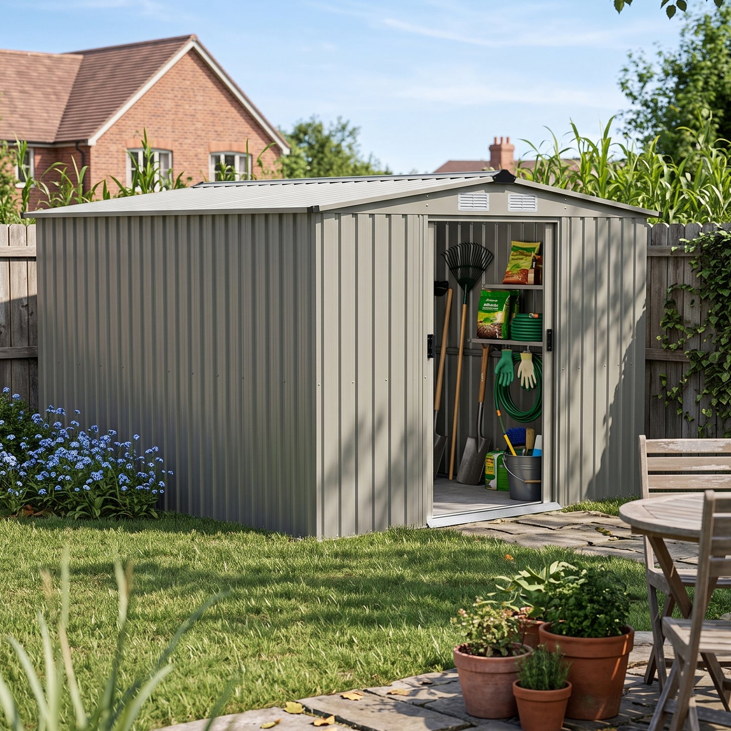 8x8ft Apex Roof Metal Garden Storage Shed With Sliding Doors