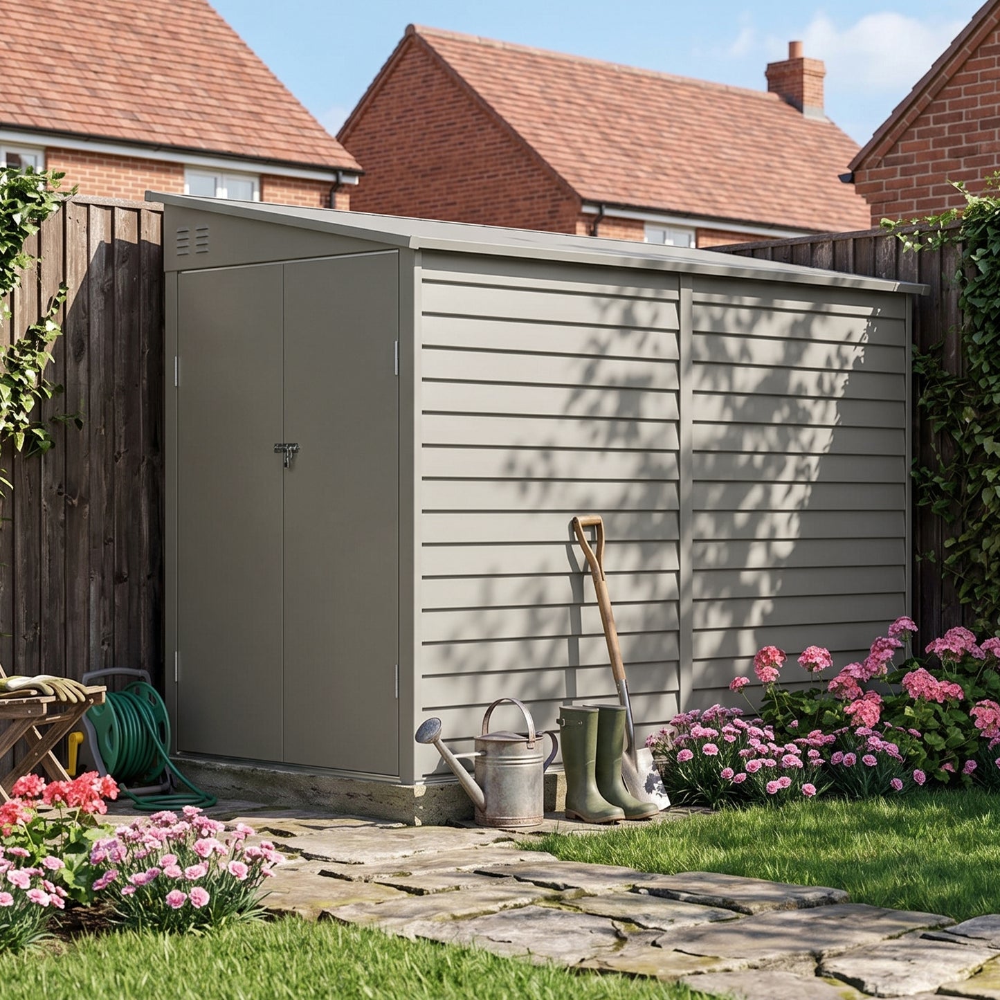 4.6 x 9FT Metal Pent Roof Garden Tool Storage Shed With Double Doors And Hooks